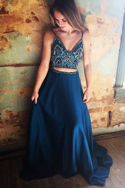 Vestido de fiesta largo de dos piezas con lentejuelas y cuentas, corte A