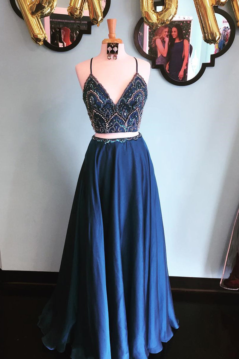 Vestido de fiesta largo de dos piezas con lentejuelas y cuentas, corte A