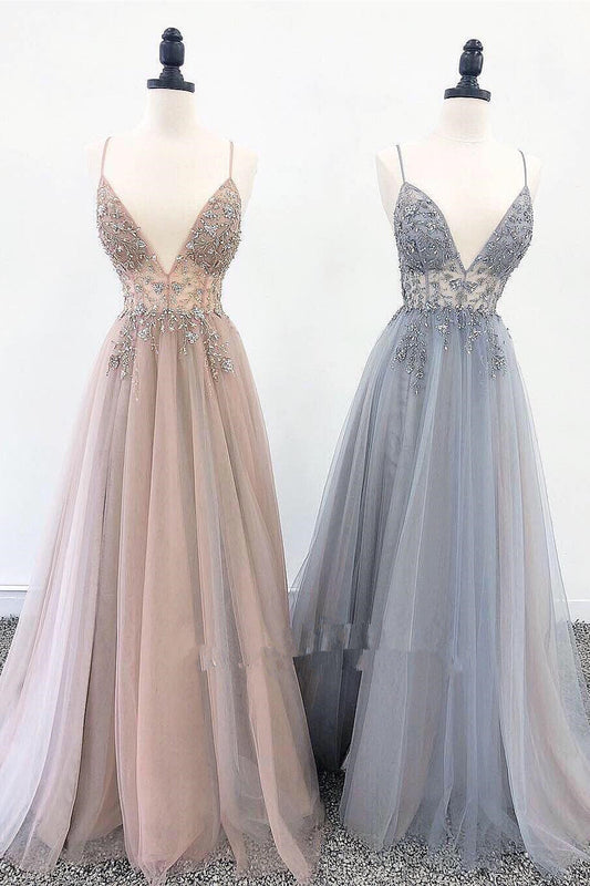 Vestido de fiesta de corte A con tirantes, cuentas y cristales en color palo de rosa