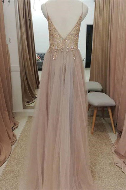 Vestido de fiesta de corte A con tirantes, cuentas y cristales en color palo de rosa