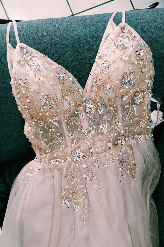 Vestido de fiesta de corte A con tirantes, cuentas y cristales en color palo de rosa