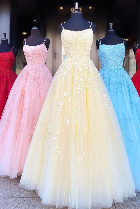 Vestido de fiesta largo con tirantes de princesa y apliques de encaje, vestidos de noche