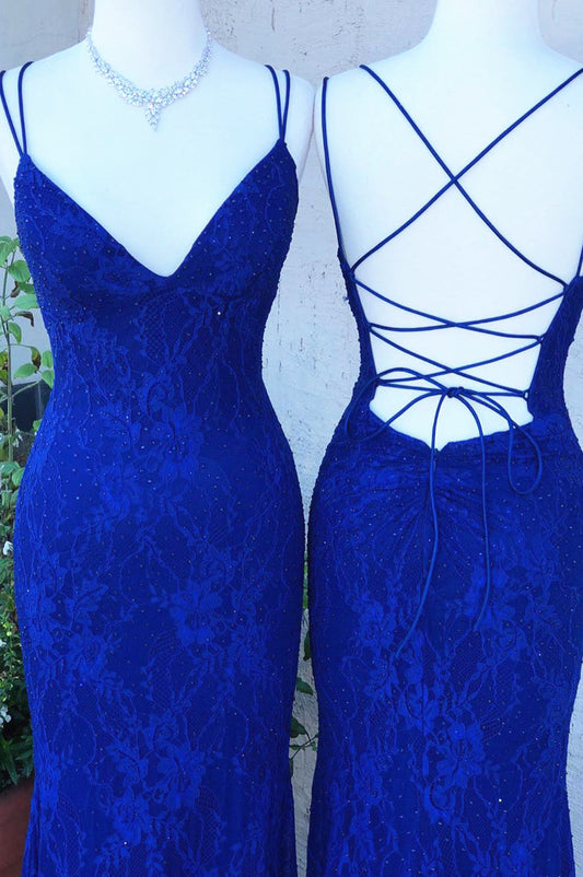 Vestidos de fiesta largos con espalda abierta y encaje azul real