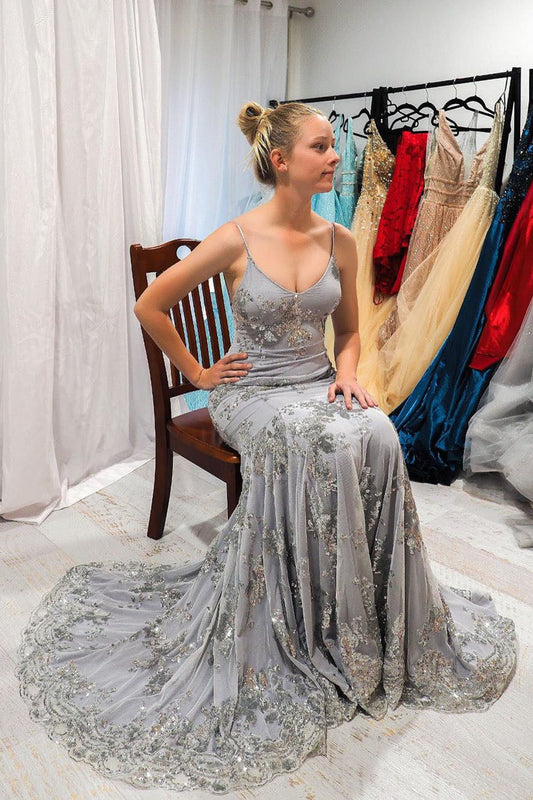 Mermaid V-Neck Grey Long Prom Dress With Appliques, Backless Evening Gown GP271