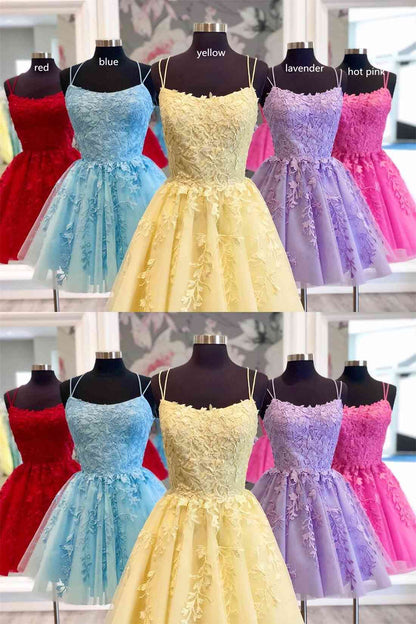 Vestido de fiesta azul con tirantes y apliques de encaje, vestidos de cóctel fucsias