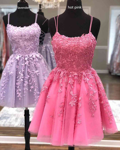 Vestido de fiesta azul con tirantes y apliques de encaje, vestidos de cóctel fucsias