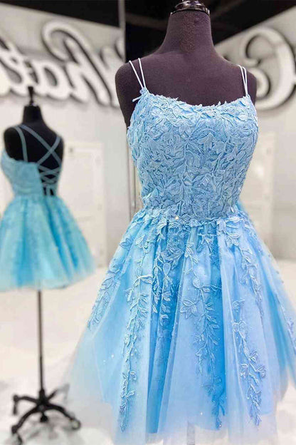 Vestido de fiesta azul con tirantes y apliques de encaje, vestidos de cóctel fucsias