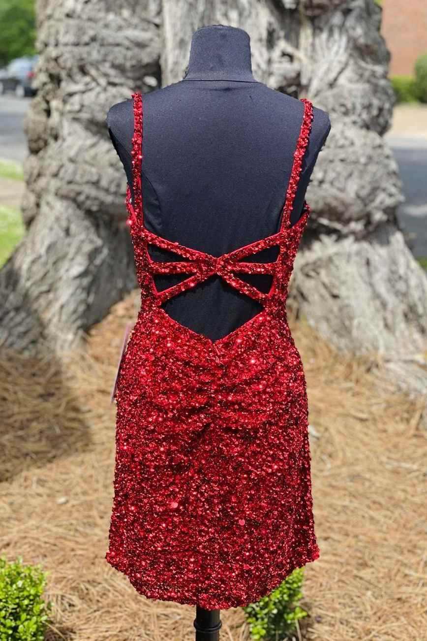 Vestido corto ajustado de fiesta con lentejuelas color vino tinto para regreso a casa