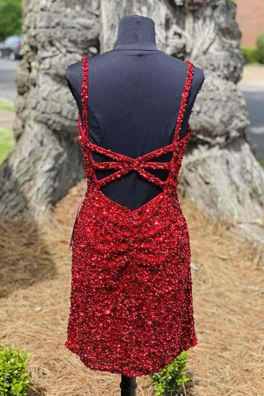 Vestido corto ajustado de fiesta con lentejuelas color vino tinto para regreso a casa