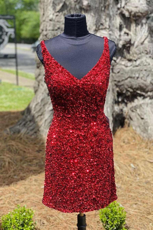 Vestido corto ajustado de fiesta con lentejuelas color vino tinto para regreso a casa