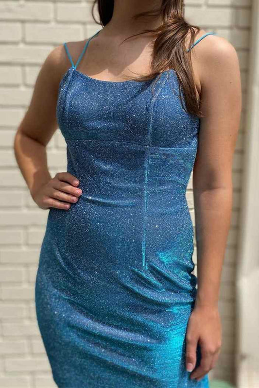 Vestido de fiesta corto ajustado azul con espalda con cordones