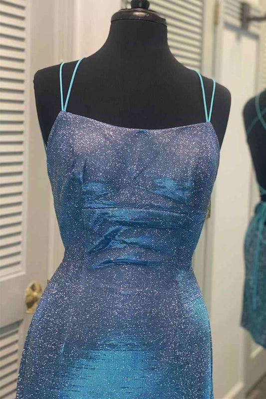 Vestido de fiesta corto ajustado azul con espalda con cordones