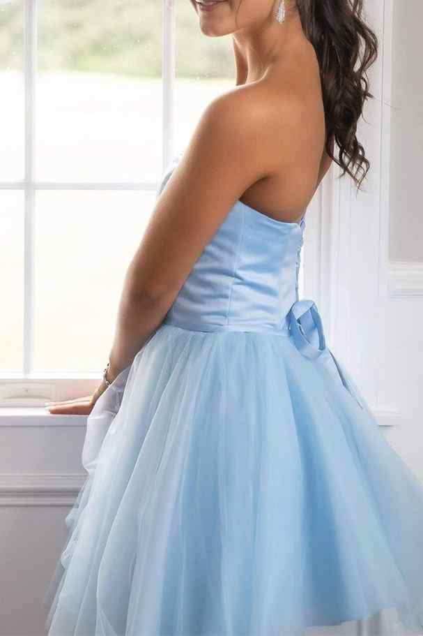Vestido de fiesta corto azul claro sin tirantes, corte A, para regreso a casa
