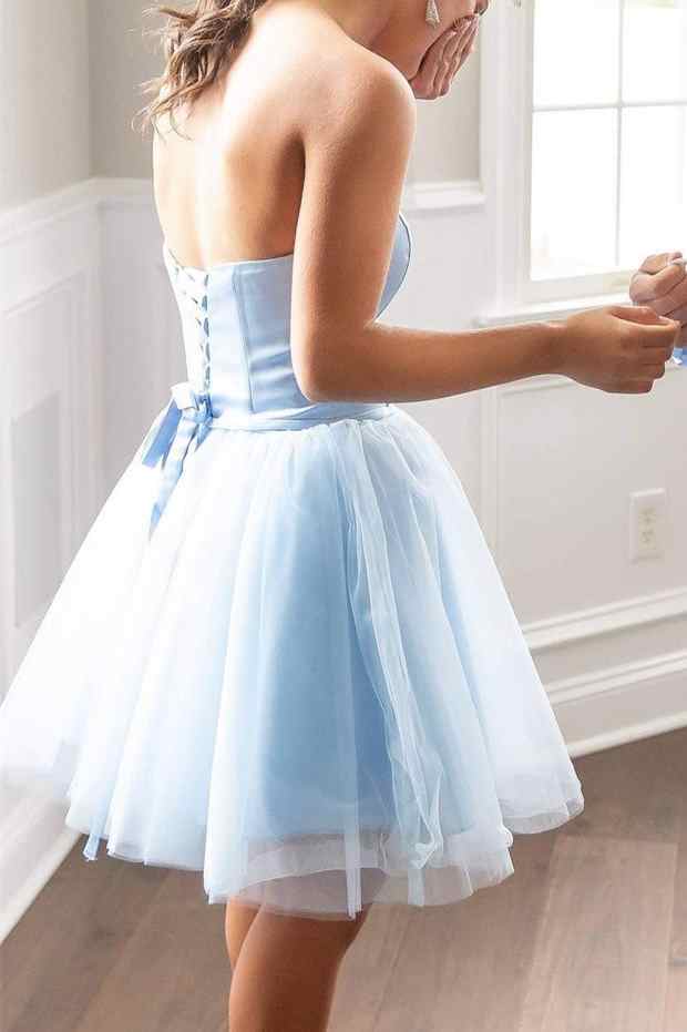 Vestido de fiesta corto azul claro sin tirantes, corte A, para regreso a casa