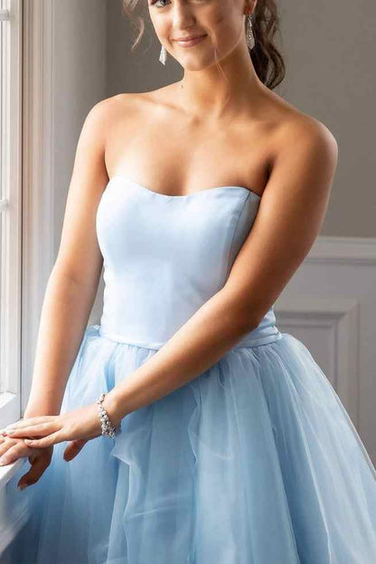 Vestido de fiesta corto azul claro sin tirantes, corte A, para regreso a casa