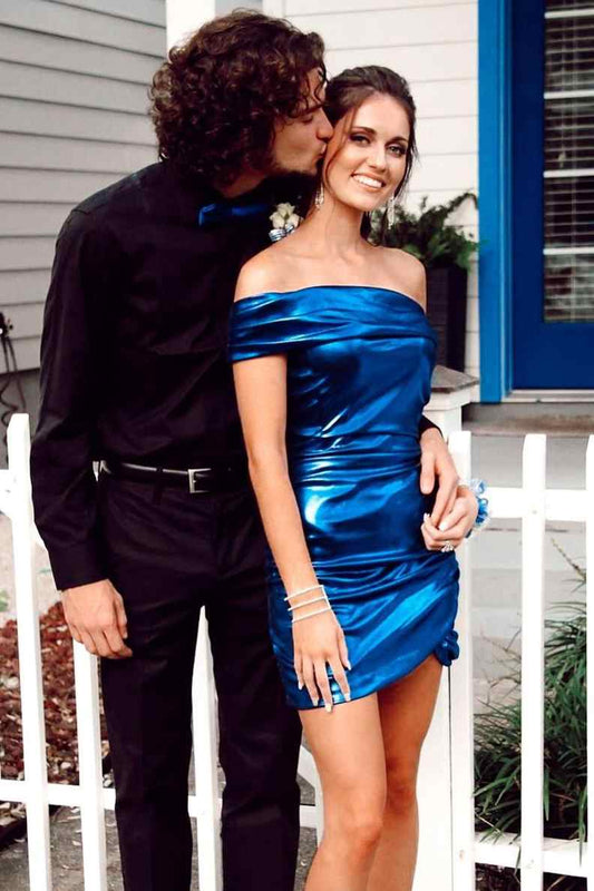 Vestido de fiesta corto azul marino ajustado con un hombro al descubierto Vestidos de cóctel