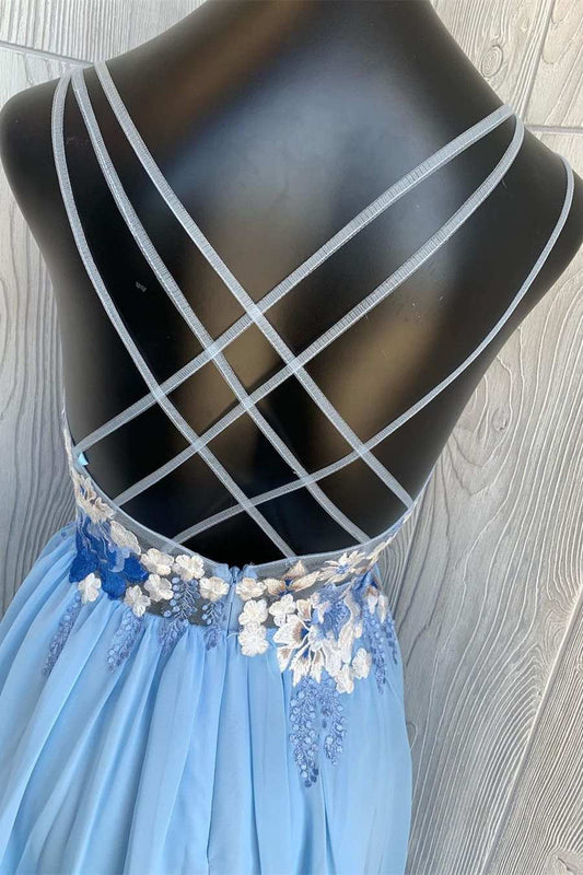Vestidos de fiesta cortos de corte A con bordado floral azul