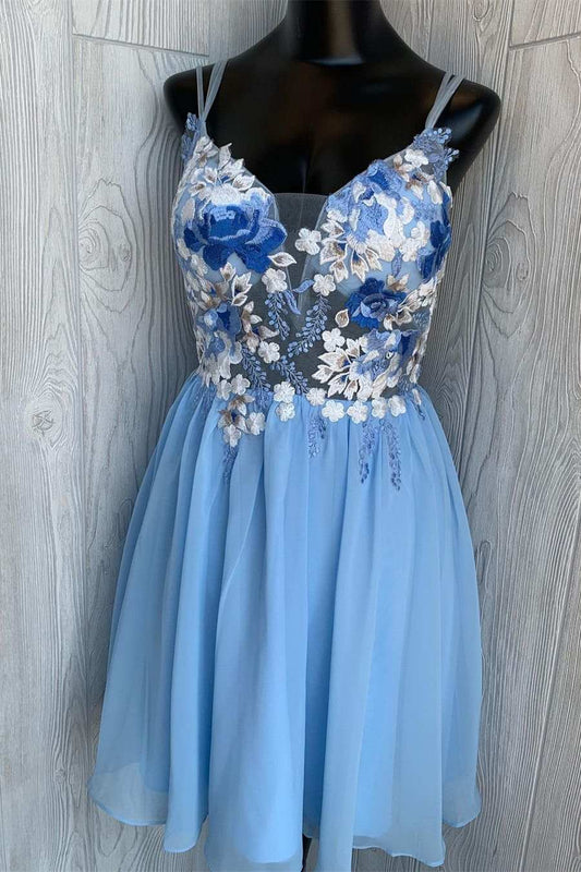 Vestidos de fiesta cortos de corte A con bordado floral azul