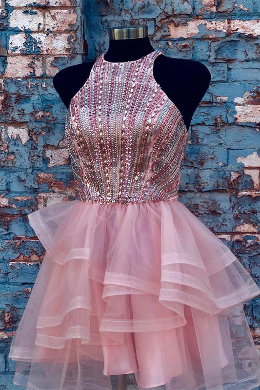 Vestido corto rosa con cuello halter y cuentas para fiesta de bienvenida, vestidos de fiesta de boda