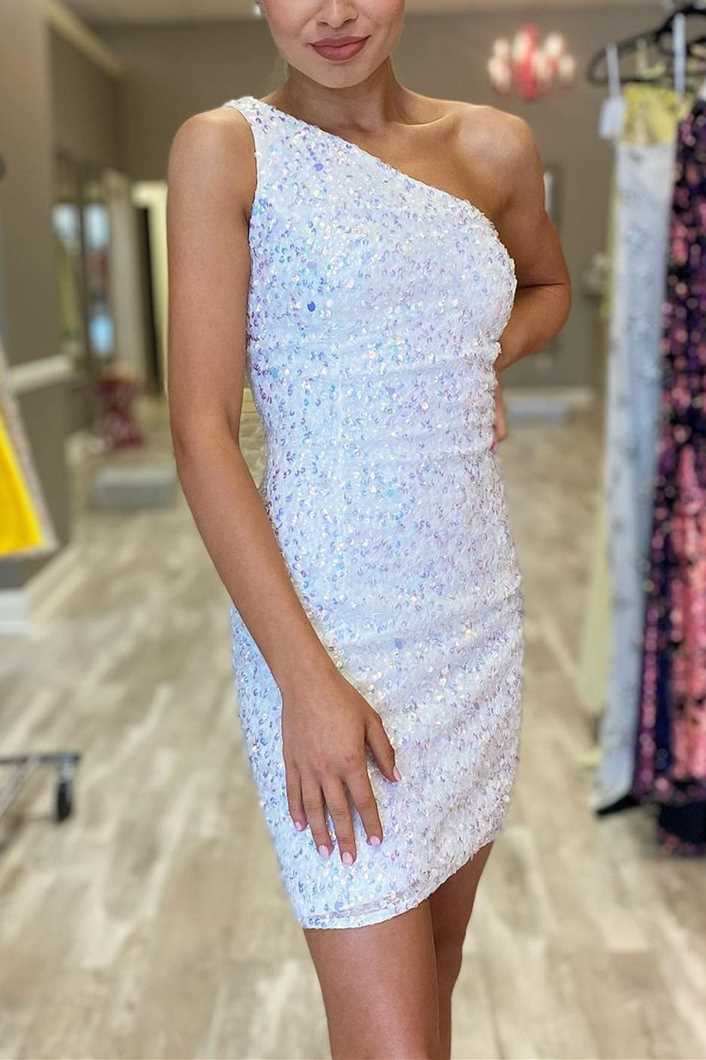 Vestido mini ajustado de lentejuelas blancas de un solo hombro, vestido de noche corto para cena