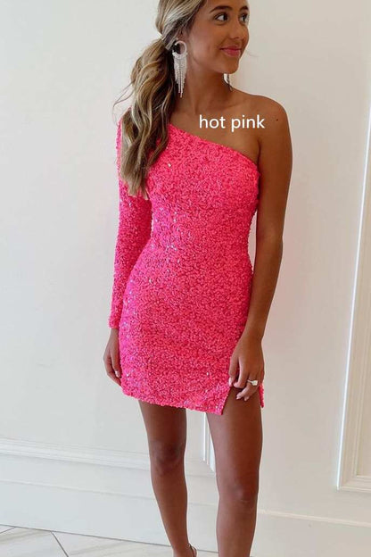 Mint Green Sequins One-shoulder Long Sleeve Party Dress, Sparkly Graduation Dresses GM585