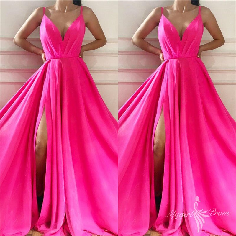 Chic Spaghetti Straps Slit Long Hot Pink Prom Dresses, V-neck Formal Party Gowns GP432