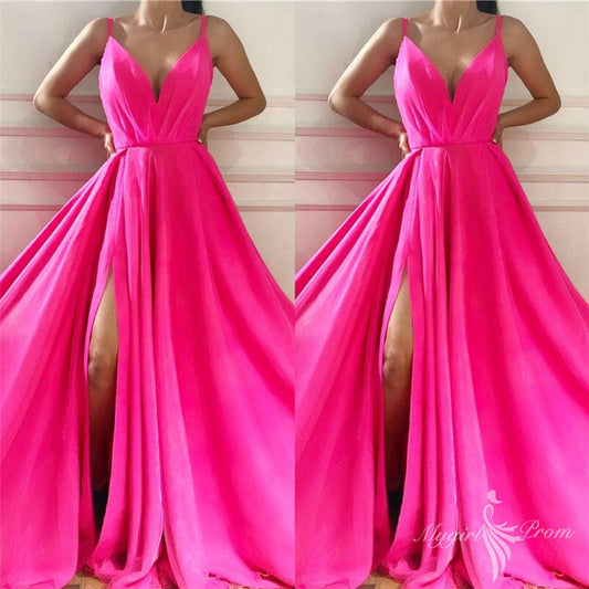 Chic Spaghetti Straps Slit Long Hot Pink Prom Dresses, V-neck Formal Party Gowns GP432