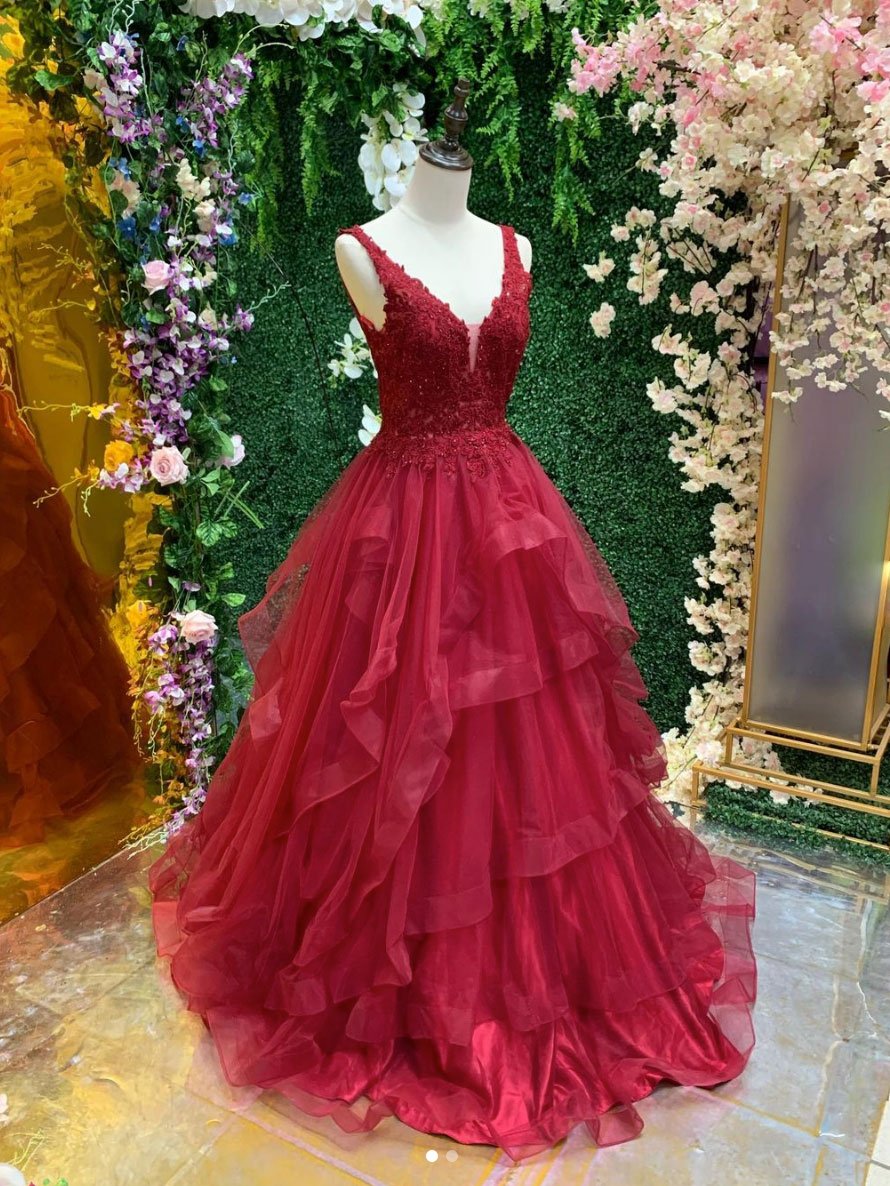 Vestido de fiesta largo de tul con escote en V burdeos y encaje, vestido de noche burdeos