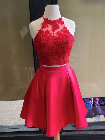 Vestido de fiesta corto de encaje rojo sencillo de dos piezas, vestido de fiesta rojo
