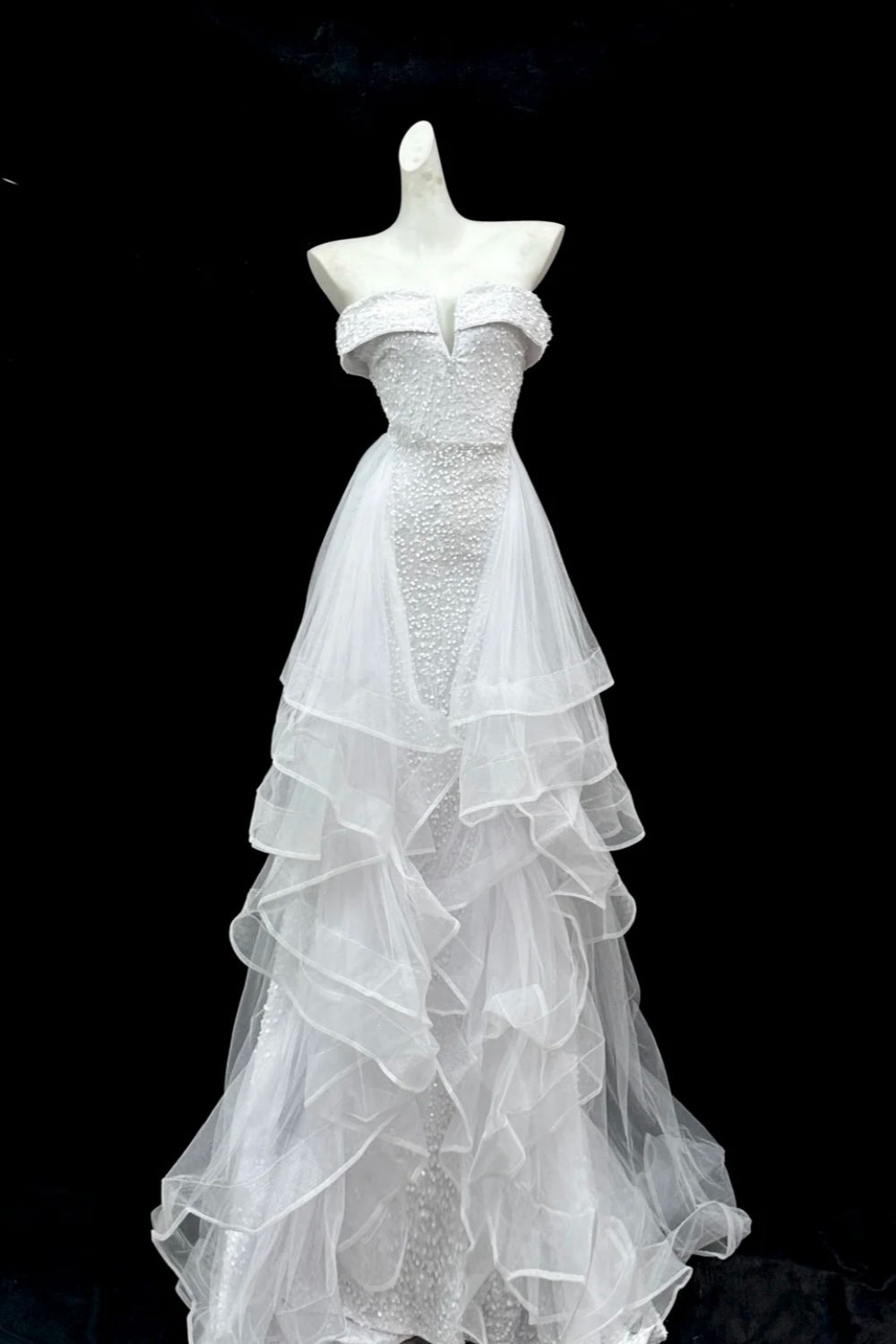 shopuniqlos--White shimmery long tulle ruffled wedding dress prom dress gh5473