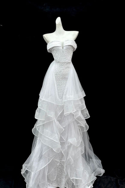 shopuniqlos--White shimmery long tulle ruffled wedding dress prom dress gh5473