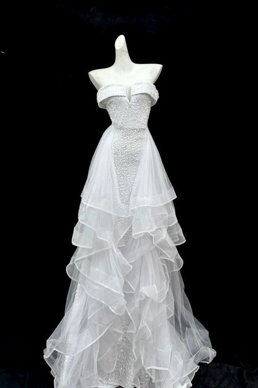 shopuniqlos--White shimmery long tulle ruffled wedding dress prom dress gh5473