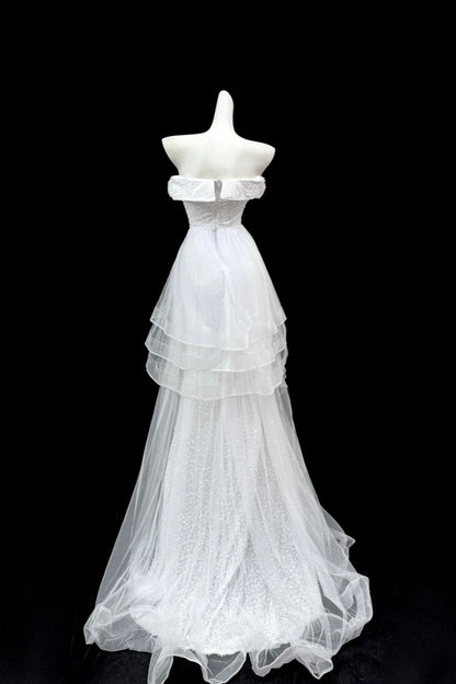 shopuniqlos--White shimmery long tulle ruffled wedding dress prom dress gh5473