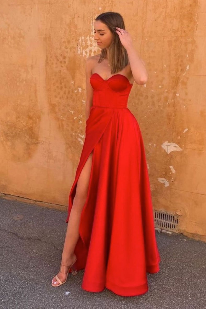 Vestido de fiesta largo de satén rojo sencillo, vestido formal rojo