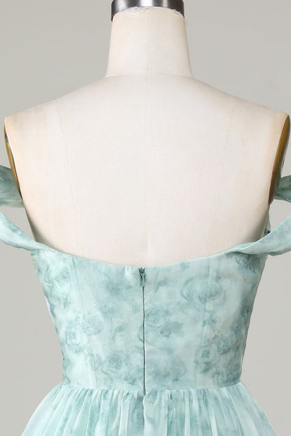 New Fashion Light Green Floral Design A-line Off-the-shoulder Homecoming Dress TP3417