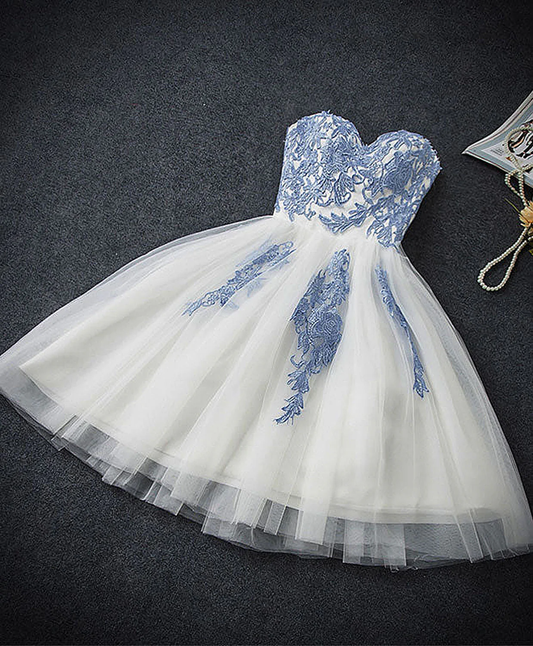 Vintage Blue Sweetheart Embroidery Design A-line Tulle Party Dress Homecoming Dress TP4066