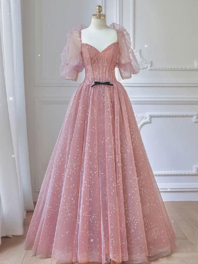 Vestido de fiesta largo de tul con encaje rosa en forma de A, vestido formal de encaje rosa