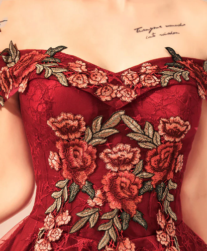 Vintage Burgundy Floral Applique Off-the-shoulder Design A-line Tulle Party Dress Homecoming Dress TP4056