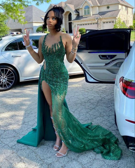 Vintage Green Shiny Beaded Mermaid Prom Dress Party Dress Evening Dress TP4506
