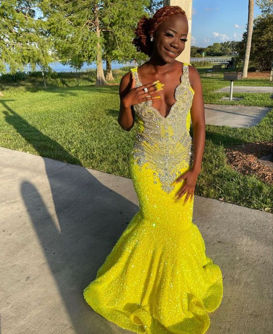 Trajes de fiesta con lentejuelas amarillas brillantes para chicas negras, los mejores vestidos de gala de cristal elegantes