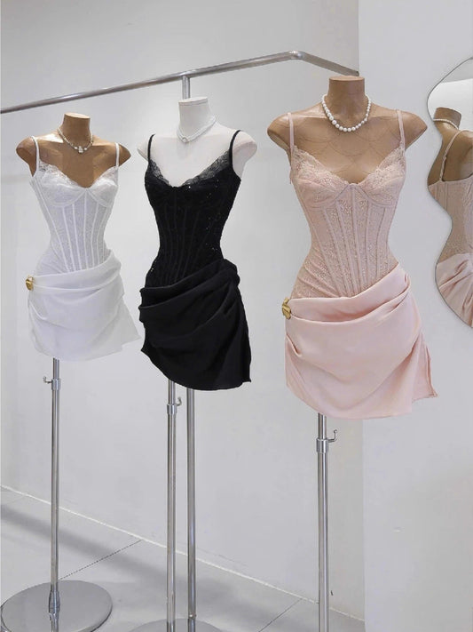 Vestido negro corto con tirantes finos y corte ajustado para fiesta, vestidos cortos formales para el regreso a casa, vestidos de cóctel elegantes y chic para cumpleaños número 16, vestido de encaje Hoco DH2767