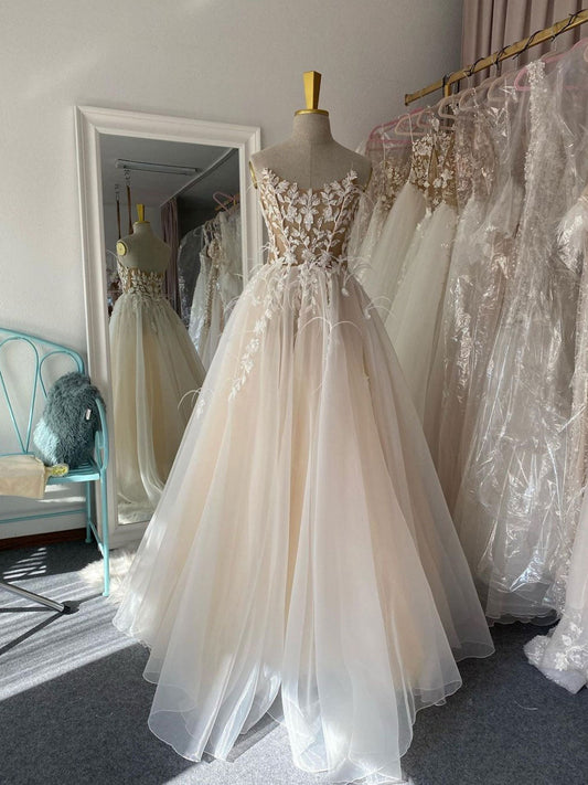 Champagne A-line Tulle Strapless Wedding Dresses, Beach Bridal Gown PW468
