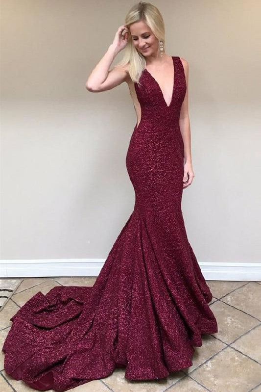 Sparkly Mermaid Burgundy Prom Dresses V-Neck Backless Evening Gown MP244