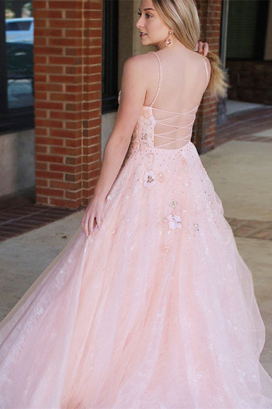 A-line V-neck Appliques Blush Long Prom Dress Tulle Backless Pageant Gown MP741