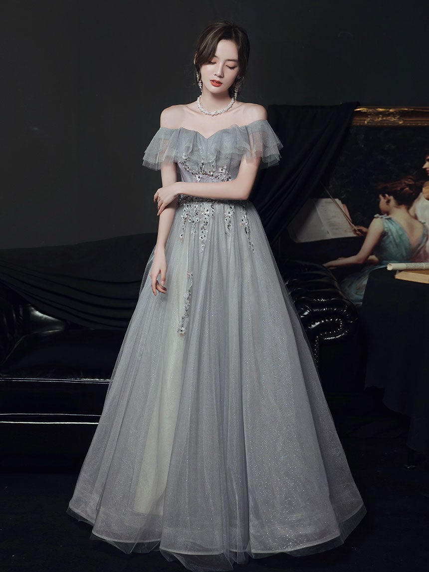 Vestido de fiesta largo de tul gris con hombros descubiertos, vestido formal de tul gris