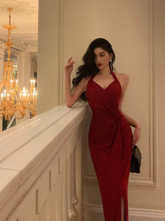 Sexy Sheath Halter Red Sleeveless Prom Dresses Party Dress Summer Birthday Outfits Birthday Dresses W810