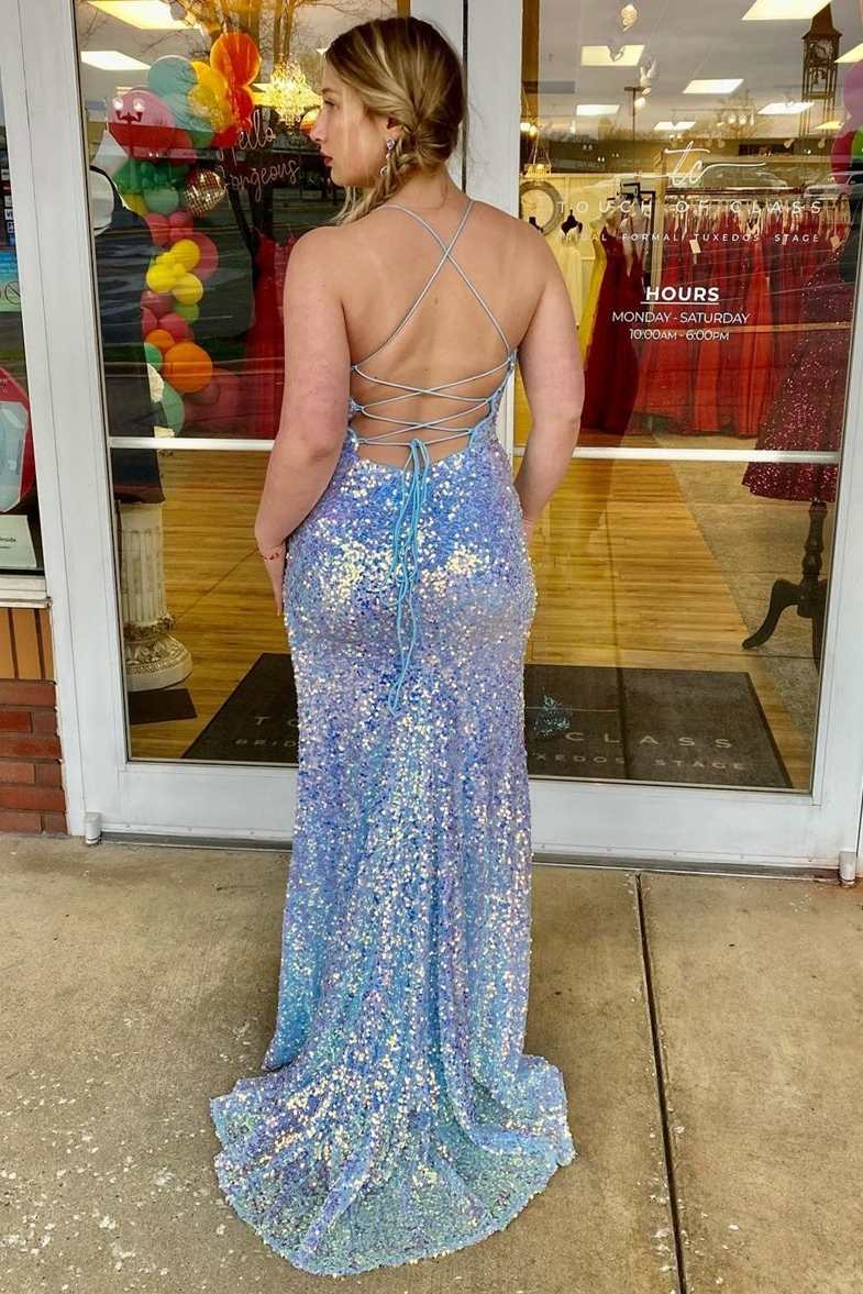 Sparkly Blue Backless Mermaid Long Prom Dress, Sequin Evening Gown with Slit GP522