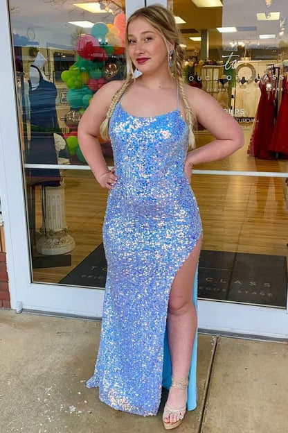 Sparkly Blue Backless Mermaid Long Prom Dress, Sequin Evening Gown with Slit GP522