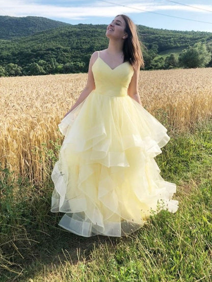 Vestido de fiesta largo de tul amarillo con escote en V, vestido formal de tul amarillo