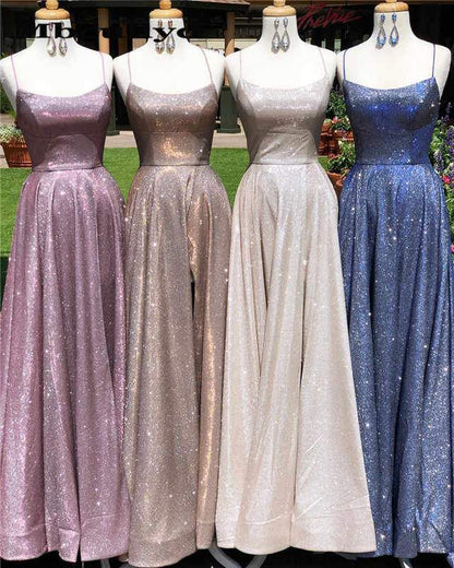 A-Line Sparkle Long Prom Dresses with Split Backless Evening Dress MG128